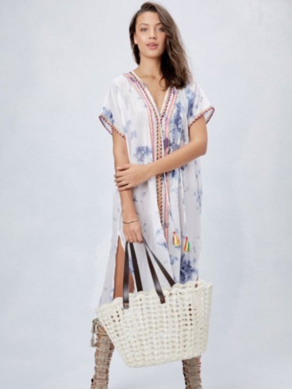 Lovestitch Blue & White Tie-Dye Kaftan Beach Cover Up - M/L